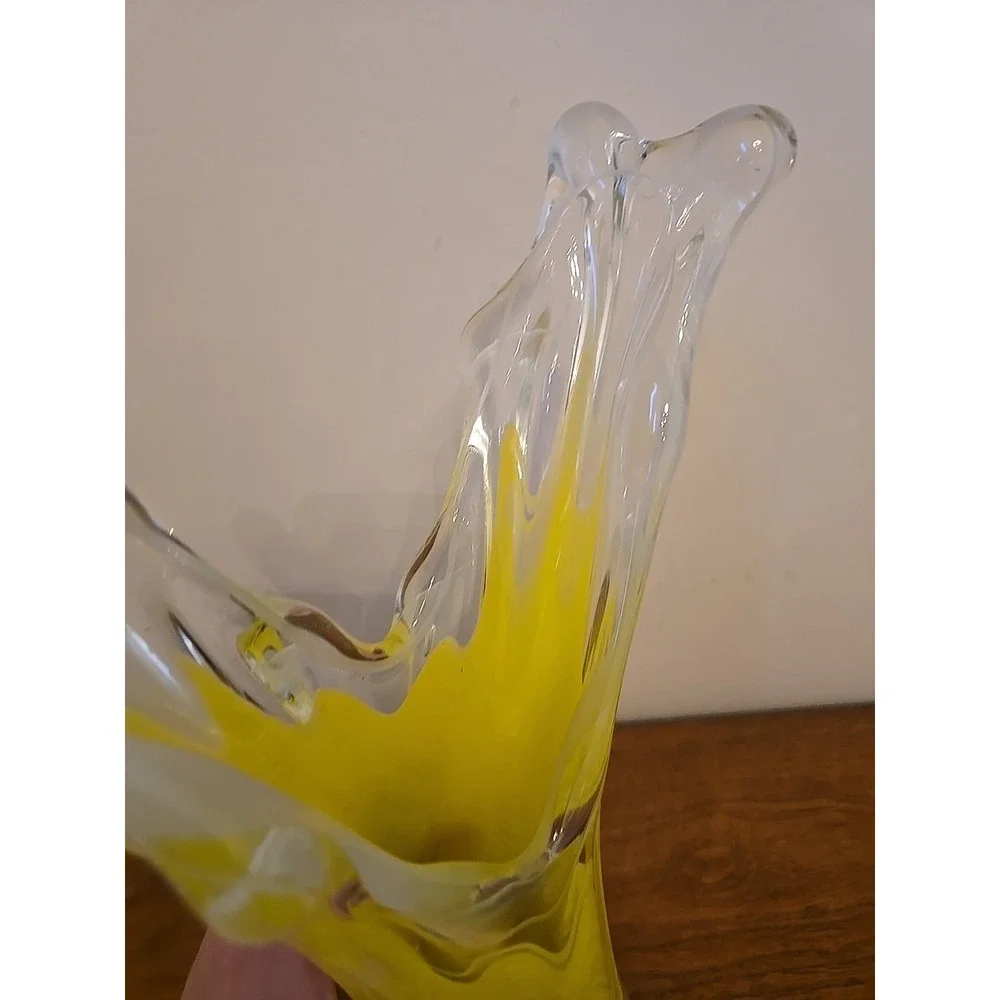 Vintage Dramatic Art Glass Yellow Swirl Swung Wave Vase Clear 11.25in